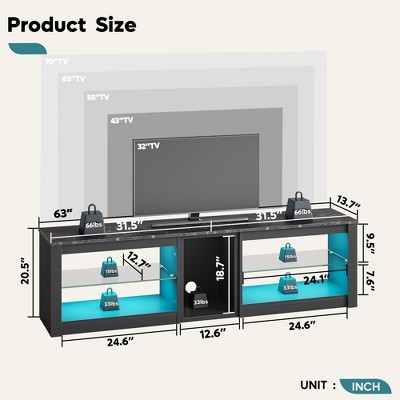 Black Marble 63-inch TV Stand with LED Lights and Glass Shelves