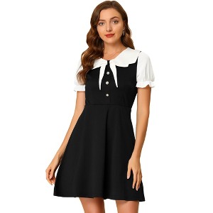 INSPIRE CHIC Women's Bowtie Neck Contrast Color A-Line Doll Collar Dress - 1 of 4