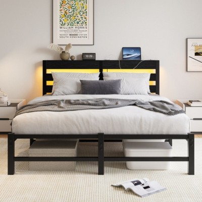 Queen Size Metal Bed Frame with Wooden Headboard, RGB Lights, Charger, Storage Shelf, Noise-Free, No Box Spring Needed, Black