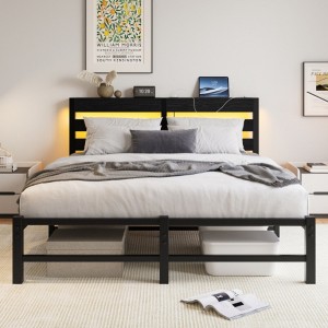 Queen Size Metal Bed Frame with Wooden Headboard, RGB Lights, Charger, Storage Shelf, Noise-Free, No Box Spring Needed, Black - 1 of 4