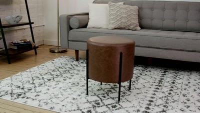 Gray Basketweave Upholstered Ottoman with Black Metal Base