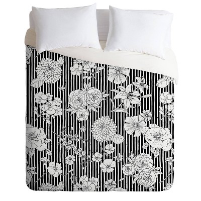 King Ninola Design Flowers and Stripes Comforter Set Black/White - Deny Designs