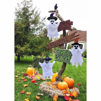 Set of 3 White Hanging Ghosts with Witch Hats