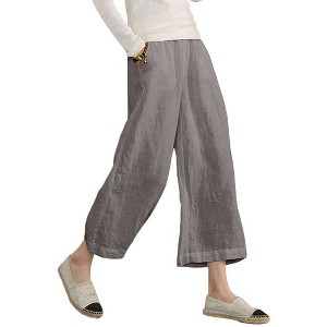 ECUPPER Womens Linen Cropped Pants Loose Casual Capri Cotton Wide Leg Plus Size Elastic Waist with Drawstring Trouses - 1 of 4