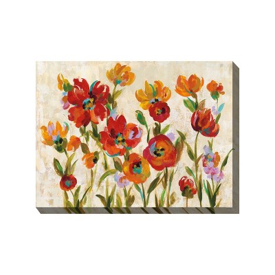 Cottage Garden West of The Wind JAUNTY Garden Red, Green, Tan 40 x 30 Inch Waterproof Gallery Wrapped Canvas, Outdoor Garden, Yard, Patio All Weather