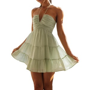 Women's Ruched Halter Tiered Mini Dress Casual Summer Dresses - 1 of 4