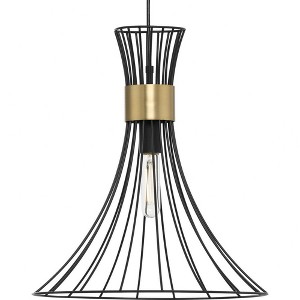 Progress Lighting Lorin 1-Light Pendant, Matte Black, Cone-Shaped, Brushed Bronze Band, Contemporary/Mid-Century Modern - 1 of 1