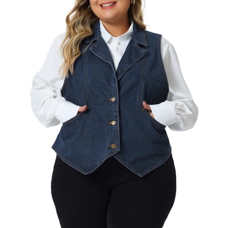 Agnes Orinda Women's Plus Size Sleeveless Lapel Casual Buttons Pockets Denim Vests, 2 of 6