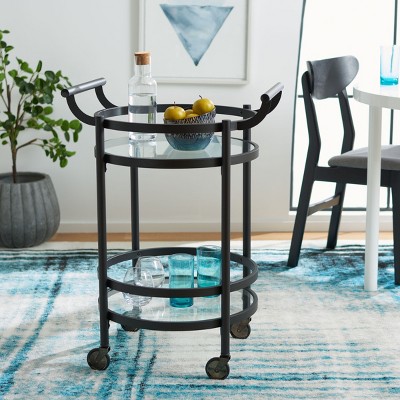Contemporary Chic Matte Black Round Bar Cart with Glass Shelves