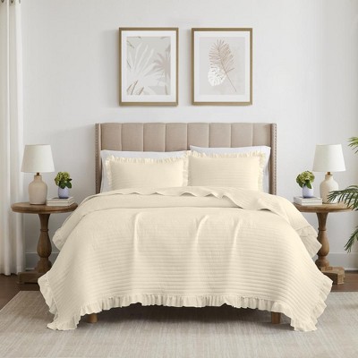 Carla Beige Queen Polyester Quilt Set with Fringe Detailing