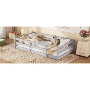 ORRD Twin Size Montessori Floor Bed with Fence, Low Wood Bed Frame for Kids Boys Girls, Gray - 1 of 4