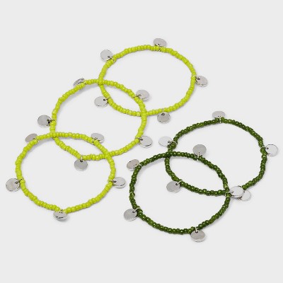 Hammered Discs Beaded Stretch Bracelet Set 5pc - A New Day™ Green/Silver