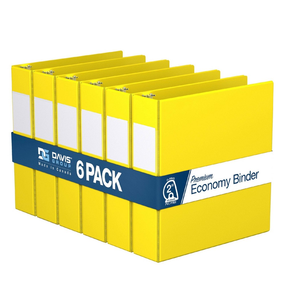 Premium Economy 2" Angle D Ring Binder 6pk Yellow: Davis Group, 475 Sheet Capacity, Hard Cover, 2 Pockets, Polypropylene