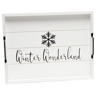 HomeRoots 16" White And Black Winter Wonderland Serving Tray With Handles