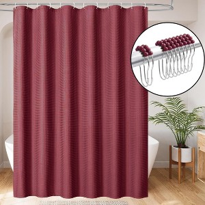 Home Mart Goods Burgundy Fabric Textured Glam luxury Shower Curtain With 12 Metal Roller Ball Hooks - 72" x 72" - 1 of 3