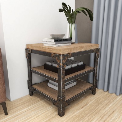 Industrial Brown Fir Wood and Metal 3-Tier Accent Table