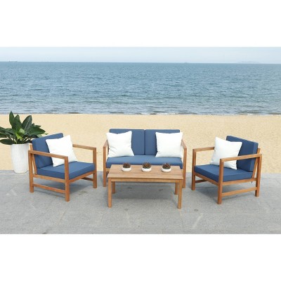 Montez 4pc Outdoor Set With Accent Pillows - Natural/Navy - Safavieh