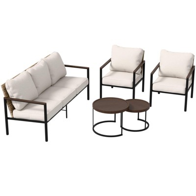 EAGLE PEAK Sunset Dune 5 Piece Collection Modern Outdoor Furniture Set, Patio Wicker Wood Grain Lounge Set