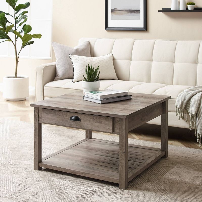 June Rustic Farmhouse Square Coffee Table with Lower Shelf Gray Wash - Saracina Home, 3 of 9