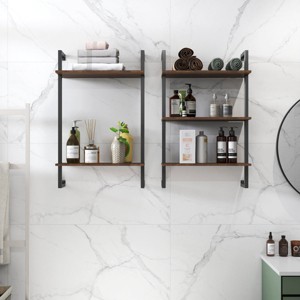 Yukimo 39"H Industrial Pipe Shelf, Wall Mounted Wood Display Shelves with 3 Hooks, Farmhouse Kitchen Bar Bookshelf - 1 of 4