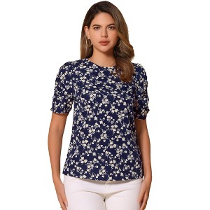 INSPIRE CHIC Women's Floral Summer Crew Neck Casual Shirred Short Sleeve Blouse - 1 of 4