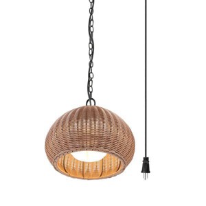 Novogratz x Globe Salvador 1-Light Plastic Rattan Shade Outdoor Plug-In Pendant - Globe Electric: ETL Listed, Metal Body, No Switch - 1 of 4