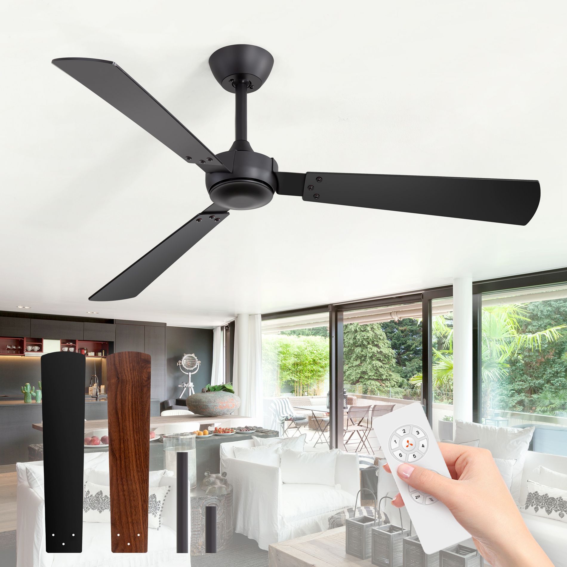 Airsurfer 52 Inch Ceiling Fan with Remote, No Light Modern Ceiling Fan, Quiet Reversible DC Motor, 6-Speed, Timer for Living Room & Bedroom