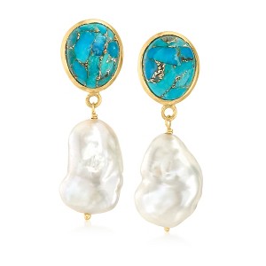 Ross-Simons 7-11mm Cultured Barque Pearl and Turquoise Drop Earrings in 18kt Gold Over Sterling - 1 of 3