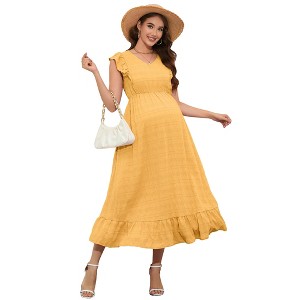 Clearlove Women Maxi Dresses Cap Short Sleeve V Neck  Dot High Waisted A-Line Ruffle Tiered Dress - 1 of 4