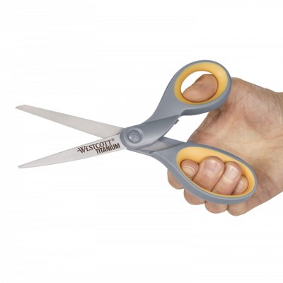 Westcott Titanium Bonded Scissors, 8" Long, 3.5" Cut Length, Gray/Yellow Straight Handles, 2/Pack