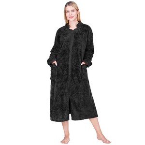 PAVILIA Womens Fluffy Housecoat Zip Robe, Faux Shearling Zipped Up Front Bathrobe, Plush Warm Zipper House Coat Lounger - 1 of 4
