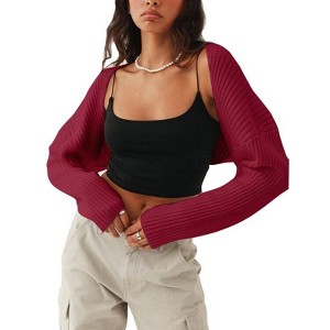 Coolmee Women's Ribbed Knit Crop Bolero  Open Front Drop Shoulder Long Sleeve Solid Loose Fit Knitted Crop Cardigan Shrug - 1 of 4