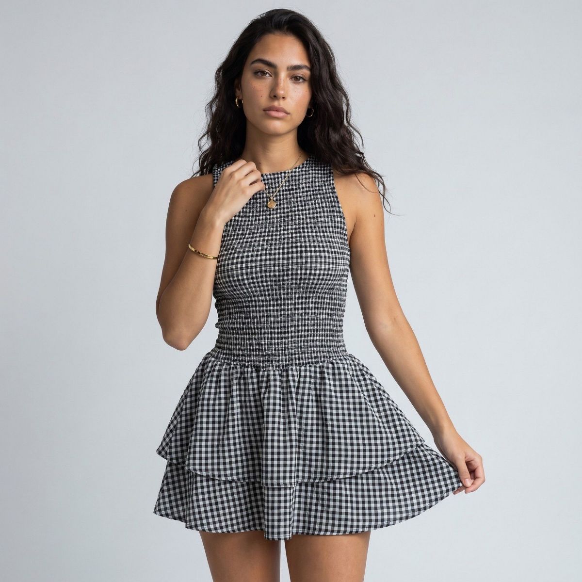 Anna-Kaci Women's Gingham Sleeveless Smocked Mini Dress with Tiered Ruffle Skirt - thumbnail 3