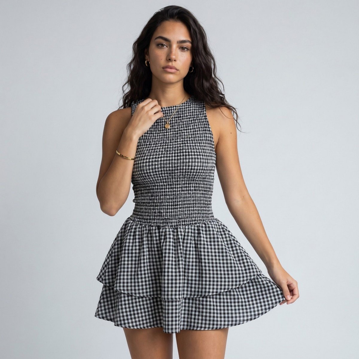 Женские платья Anna-Kaci Women's Gingham Sleeveless Smocked Mini Dress with Tiered Ruffle Skirt - Large, Black — фото 3