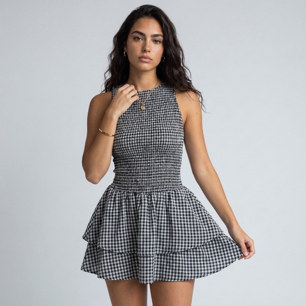 Vestido mini de cuadros sin mangas con falda de volantes para mujer 3