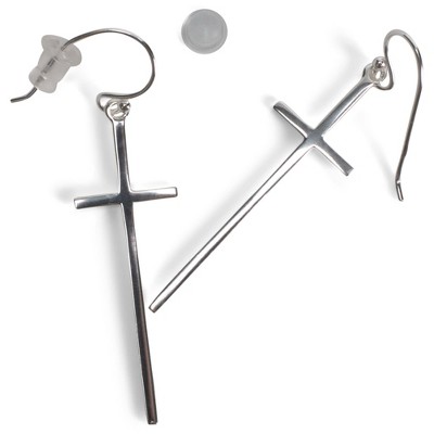 Dicksons Elongated Thin Box Cross Dangle Charm Women's One Size Silver Plated Everyday Hook Earrings on Presentation Card