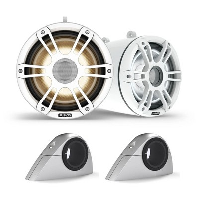 Fusion SG-FLT883SPW 8.8" Sports Grille White LED Tower Speakers with SG-FTMNTUNI Universal Fixed Mount Brackets, Pair, Fits 1.31"-2.5" Bars