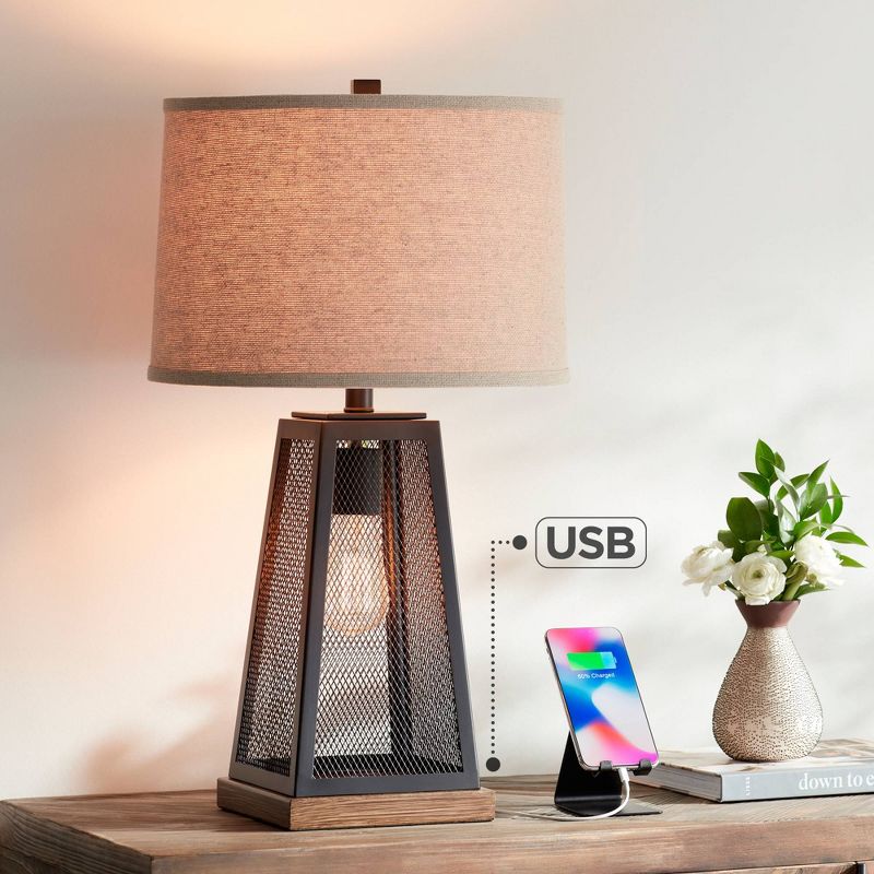 Franklin Iron Works Barris Industrial Table Lamp 26 3/4" High Metal Mesh with Nightlight LED USB Charging Port Burlap Shade for Living Room House Desk, 2 of 10