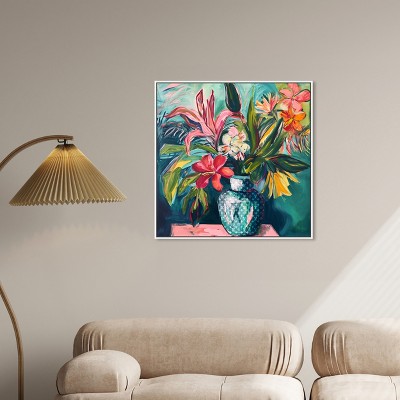 Vibrant Tropical Flowers in Vase Canvas Painting with White Frame