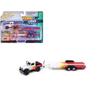 1980 Toyota Land Cruiser Pickup Truck White and Red with Stripes and Open Car Trailer 1/64 Diecast Model Car by Auto World - 1 of 4