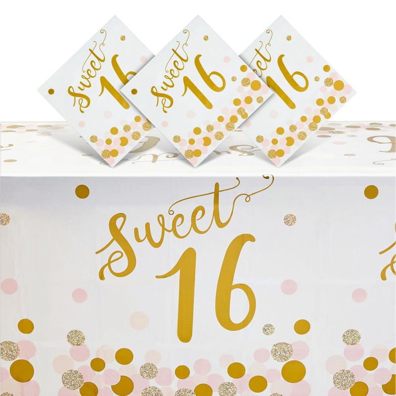 Blue Panda 3-Pack Sweet 16 Birthday Party Supplies, Tablecloths for Girls 16th Birthday Table Decorations, Pink and Gold Party Supplies, 54x108 in, 1 of 7
