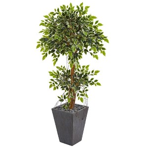 Nearly Natural 5-ft Variegated Ficus Artificial Tree in Slate Planter - 1 of 1