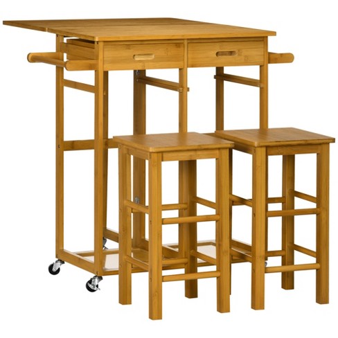 HOMCOM 3 Piece Drop Leaf Breakfast Cart Table Chair Set Kitchen Island with Seating Rolling Kitchen Cart on Wheels with 2 Storage Drawers Brown