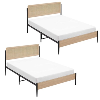 2 Sets Full Metal Bed Frame with Natural Rattan Headboard and Sturdy Wooden Footboard, Underbed Storage, Noiseless Design, Oak
