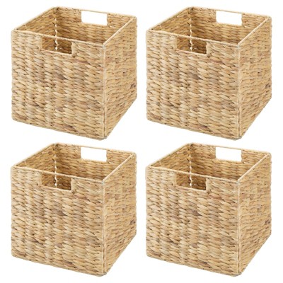 mDesign Hyacinth Woven Cube Bin Basket Organizer, Handles, 4 Pack, Natural/Tan