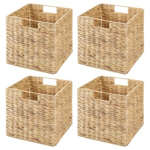 mDesign Hyacinth Woven Cube Bin Basket Organizer, Handles, 4 Pack, Natural/Tan - 1 of 4