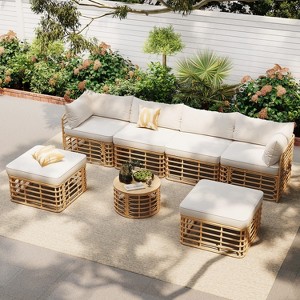 ELJGET 7 PCS Outdoor Patio Furniture, All-Weather Rattan Conversation Set, Freely Combined Conversation Sets for Garden, Backyard, Balcony, Beige - 1 of 4
