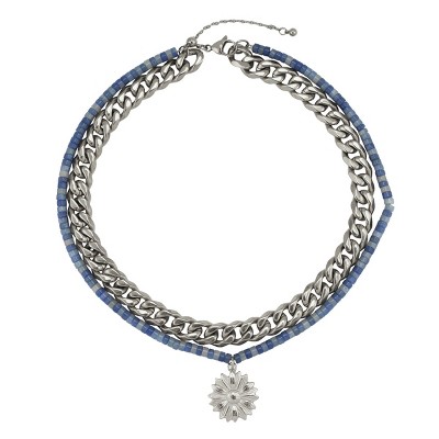 Slate by Rebl Blue Aventurine Beads & Cuban Link Chain Necklace  Stainless Steel with Sunflower Pendant