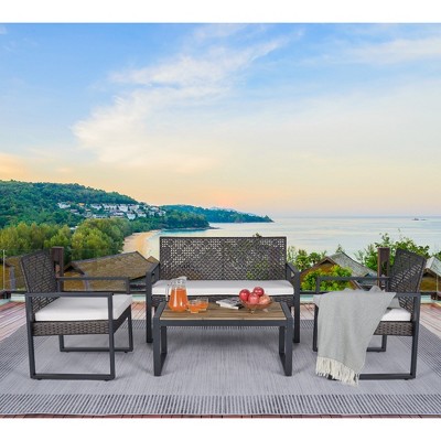 VYNXARIA 4-Piece Patio Furniture Set Outdoor Balcony Porch Garden Backyard Lawn Furniture Acacia Wood Table Top, Morden Brown and Beige Cushion