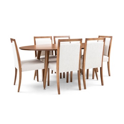 7pc Dining Set with Wood Framed Dining Chairs Off White/Almond Oak - Herval
